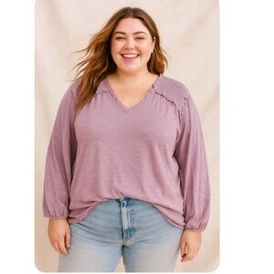 BEACON APPAREL Heather Lavender Long Sleeve V-Neck Burnout Top Size XL